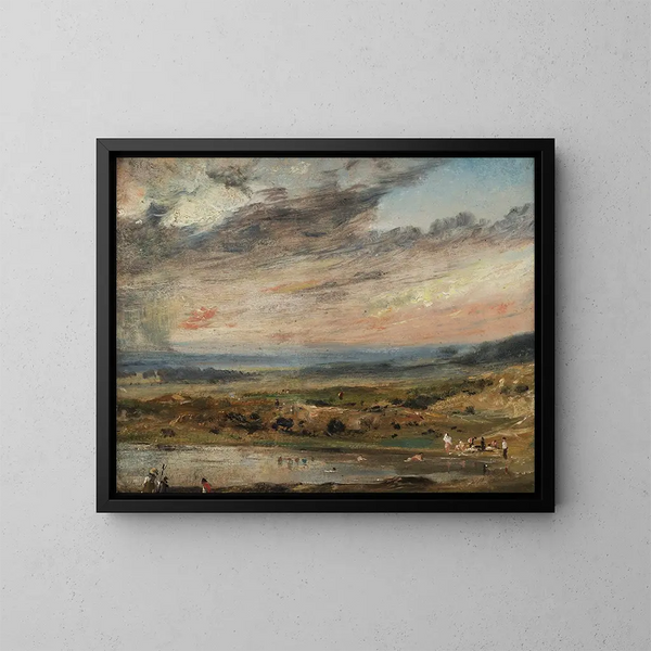 Hampstead Heathin maalaus, jossa lampi ja uimareita - John Constable — kehystetty taideteos seinällä