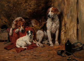 John Emms - Hounds and a Jack Russell in a stable.webp