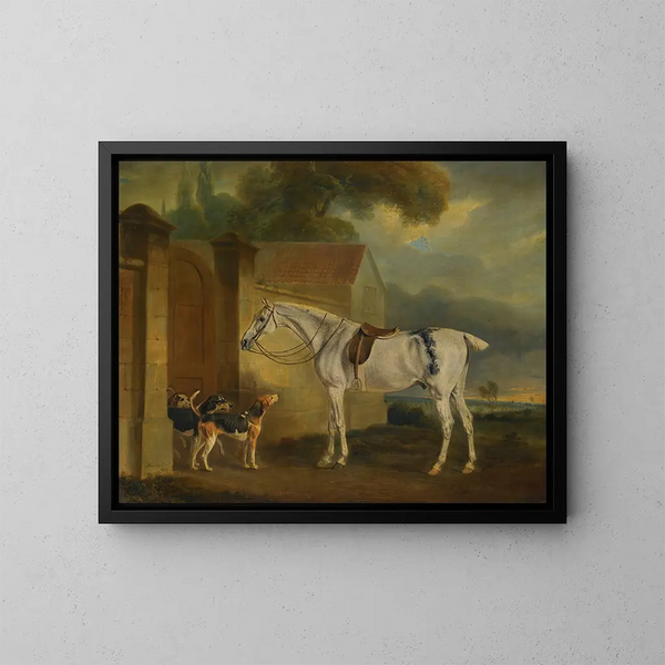 Le cheval gris piqué de Lord Lonsdale à Cottesmore avec les chiens de Cottesmore - John Ferneley — kehystetty taideteos seinällä
