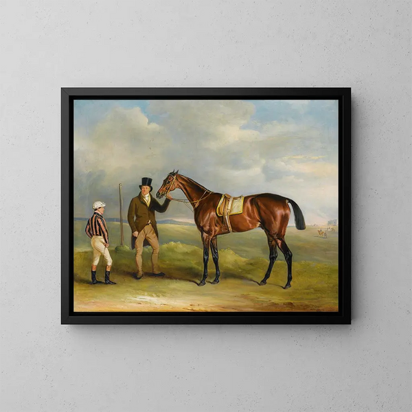 Le chœur du marquis de Cleveland, vainqueur du St Leger de 1831, tenu par son entraîneur John Smith avec le jockey John Bartham, jour à Doncaster - John Ferneley — kehystetty taideteos seinällä