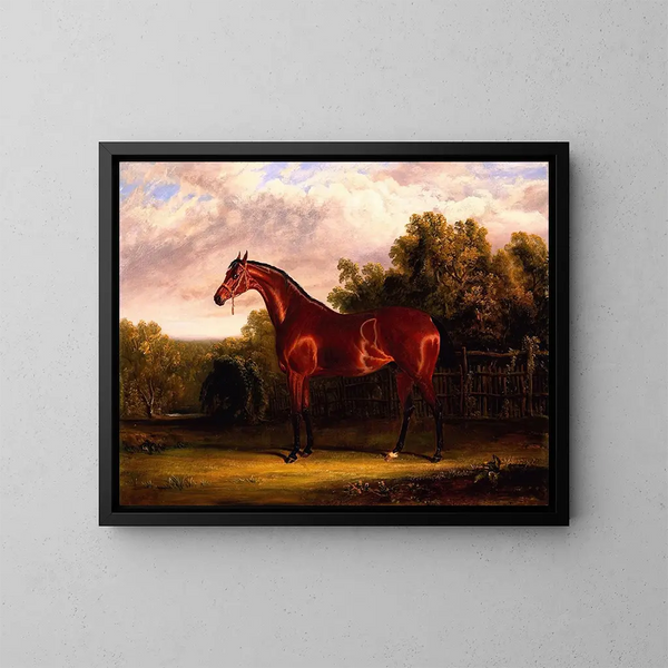 Négociateur, un cheval bai dans un paysage - John Frederick Herring l'Ancien — kehystetty taideteos seinällä