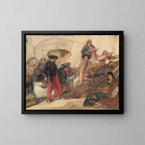 Espanjalainen taistelukohtaus: Don Carlosin julistus - John Frederick Lewis — kehystetty taideteos seinällä
