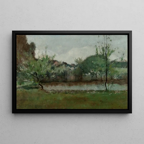Maisemamaalaus mökeillä - John Henry Twachtman — kehystetty taideteos seinällä