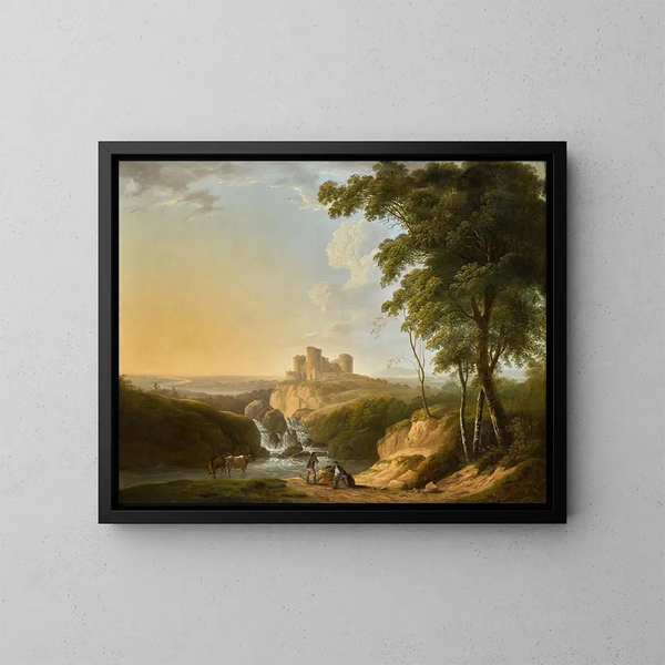Suuri maisema, jossa näkyy Chepstow'n linna kauempana mäen päällä - John Inigo Richards — kehystetty taideteos seinällä