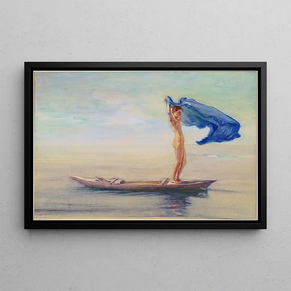 Tytär keulassa kanootissa, joka levittää hameensa purjeeksi, Samoa - John La Farge — kehystetty taideteos seinällä