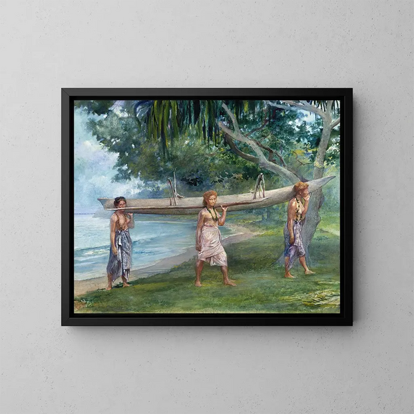 Tytöt kantavat kanoottia Vaialassa, Samoa - John La Farge — kehystetty taideteos seinällä