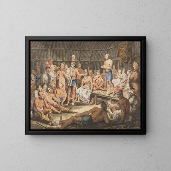 Exposition des cérémonies tribales indiennes au théâtre olympique de Philadelphie - John Lewis Krimmel — kehystetty taideteos seinällä