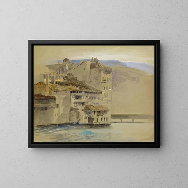 Vanhoja taloja Rhône-saarella Genevessä - John Ruskin — kehystetty taideteos seinällä