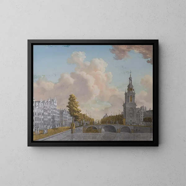 Näkymä Jan Roodenpoortstoren-nimisestä tornista ja Singel-kanavasta Amsterdamin kaupungissa - Jonas Zeuner — kehystetty taideteos seinällä