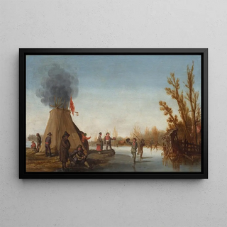 Joost Cornelisz Droochsloot - Skaters on a frozen canal with a koekenzopie tent.webp