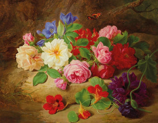 Un sous-bois avec des roses et un papillon - Josef Lauer — näkymä teoksesta