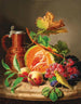 Nature morte sur un plateau en marbre avec une citrouille, des raisins, une pêche et un canari - Josef Lauer — näkymä teoksesta