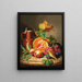 Nature morte sur un plateau en marbre avec une citrouille, des raisins, une pêche et un canari - Josef Lauer — kehystetty taideteos seinällä