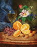 Nature morte avec des oranges, un verre à vin et des camélias dans un vase - Josef Lauer | Reproduction — näkymä teoksesta