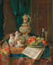 Nature morte avec une aiguière historiciste, une assiette de fruits et un journal - Josef Mansfeld — näkymä teoksesta