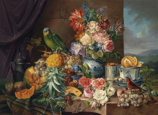 Josef Schuster - Stillleben Mit Frchten Blumen Und Papagei.webp
