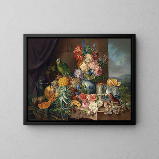 Josef Schuster - Stillleben Mit Frchten Blumen Und Papagei.webp