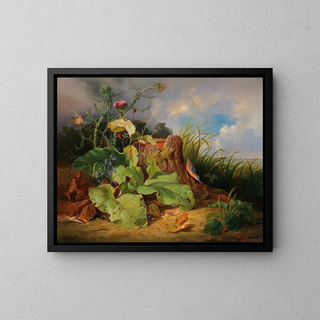 Josef Schuster - Stillleben mit Stillleben mit Disteln Glockenblumen Hagebutten und einem Kleiber.webp