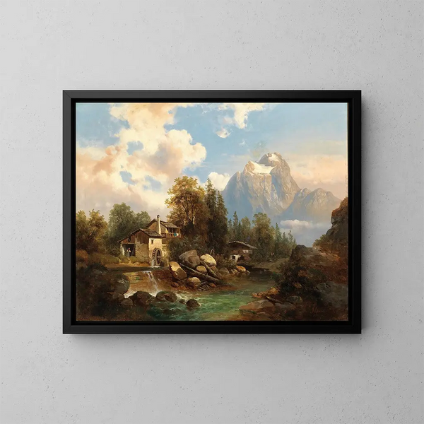 Un moulin au bord d'une rivière de montagne avec en arrière-plan le massif du Dachstein - Josef Thoma — kehystetty taideteos seinällä