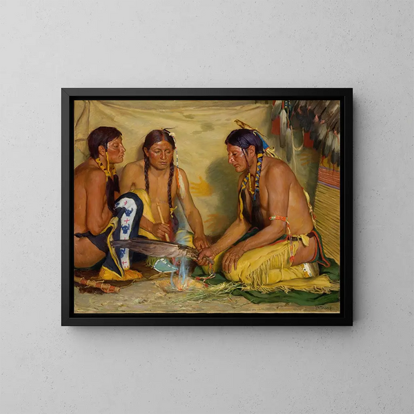 Fabrication de la médecine à base d'herb douce, cérémonie blackfoot - Joseph Henry Sharp — kehystetty taideteos seinällä