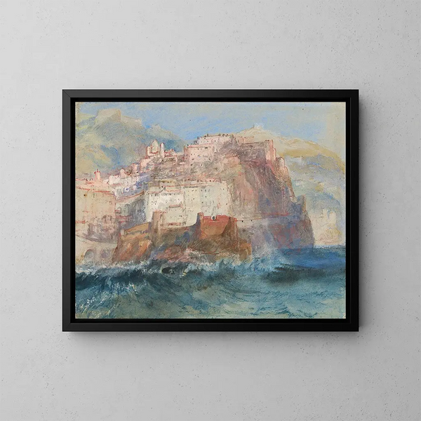 Gênes maalaus merinäköalalla ja Santa Maria Assunta -kirkolla Carignanossa - Joseph Mallord William Turner — kehystetty taideteos seinällä