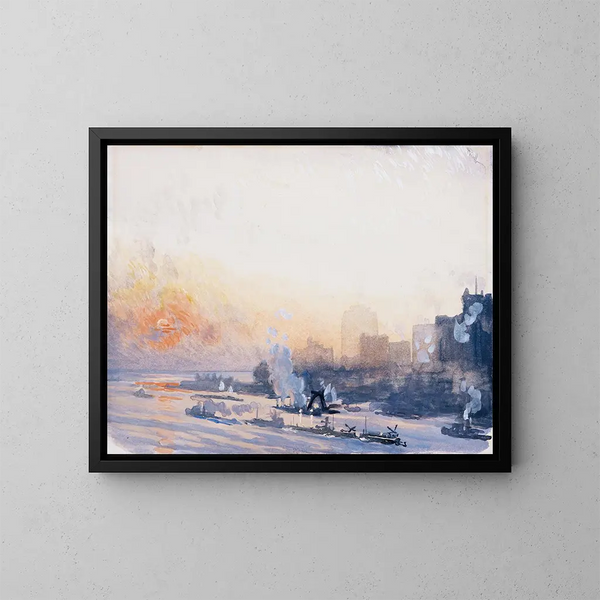 Talvinen auringonlasku New Yorkin satamassa - Joseph Pennell — kehystetty taideteos seinällä