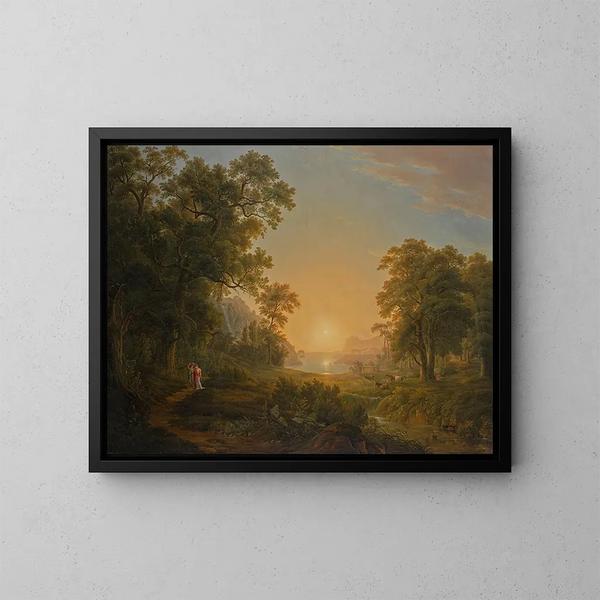 Maisemakuva metsästä auringonnousun kanssa - Joseph Rebell — kehystetty taideteos seinällä