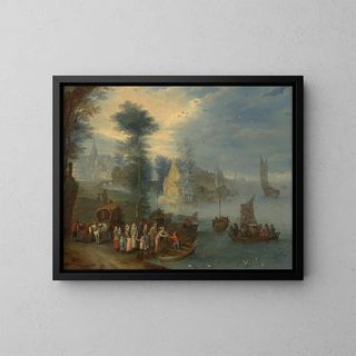maisemasta joen varrella figuureilla - Joseph van Bredael — kehystetty taideteos seinällä