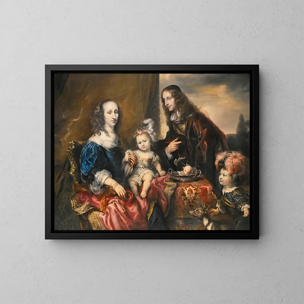 Tyylikäs perhepotretin perinteisesti tunnistettu Colonel John Hutchinsonin (1616-1664) ja hänen perheensä - Jürgen Ovens — kehystetty taideteos seinällä