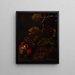 Nature morte avec des raisins, des pommes, des châtaignes, des amandes, des glands et une bouteille en terre cuite rouge - Juan Fernández el Labrador — kehystetty taideteos seinällä