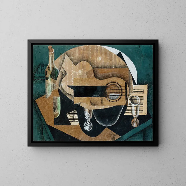 Kitara, silmälasit ja pullo - Juan Gris — kehystetty taideteos seinällä