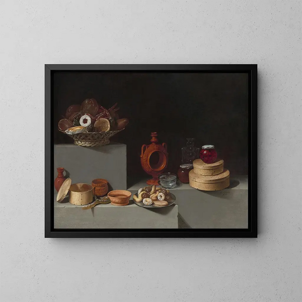 Luontoaiheinen still life makeisista ja keramiikasta - Juan van der Hamen y León — kehystetty taideteos seinällä