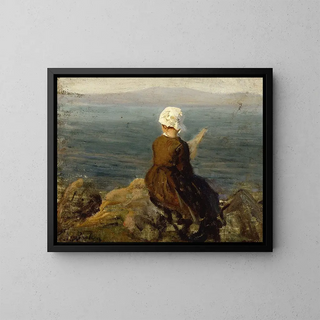 Fileuse sur les rochers à Douarnenez - Jules Breton — kehystetty taideteos seinällä