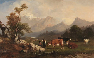 Jules Coignet - Alpine scene with cattle herders.webp