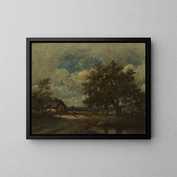 Le cottage au bord de la route sous un ciel orageux - Jules Dupré — kehystetty taideteos seinällä