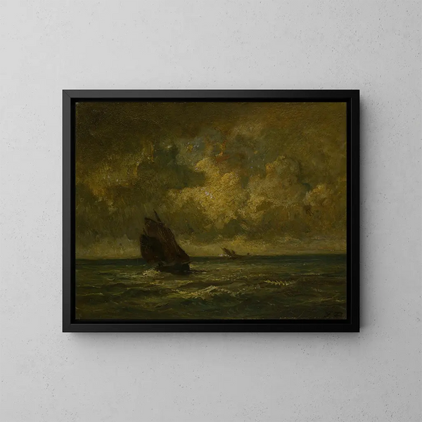 Kaksi venettä myrskyssä - Jules Dupré — kehystetty taideteos seinällä