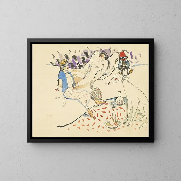 Nainen koiransa kanssa ja alastomana - Jules Pascin — kehystetty taideteos seinällä