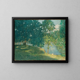 Iltapäivä lammen rannalla - Julian Alden Weir — kehystetty taideteos seinällä