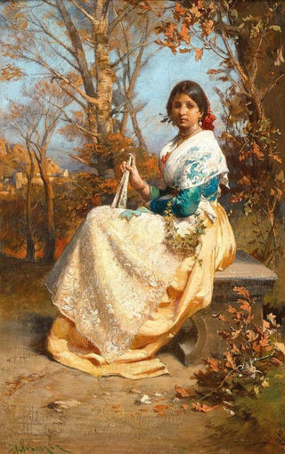 Julius Victor Berger - A Spanish Girl with Fan on a Park Bench.webp