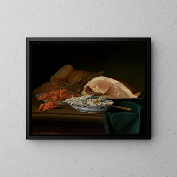 Aamiainen still life with ham, crabs and eggs - Justus Juncker — kehystetty taideteos seinällä