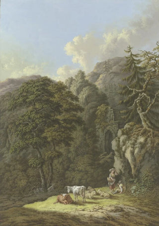 Karl Franz Kraul - Waldige Berglandschaft mit einem alten Tor und einer Viehherde in einer Lichtung.webp