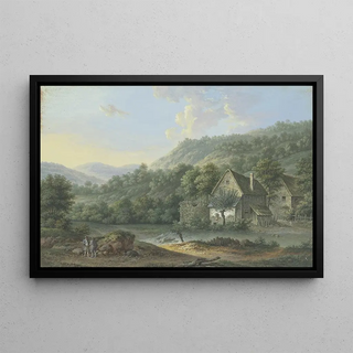 Karl Franz Kraul - Waldtal mit einem Bach rechts zwei Bauernhuser.webp