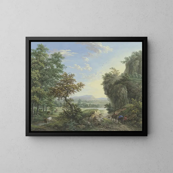 Prairie au bord de l'eau et forêt avec de hautes falaises à droite - Karl Franz Kraul — kehystetty taideteos seinällä
