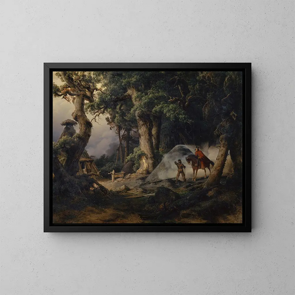 Hiilikeitin metsässä tammipuiden keskellä - Karl Friedrich Lessing — kehystetty taideteos seinällä