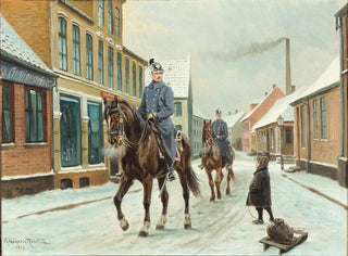 Rue de village avec des dragons et un garçon avec une luge en hiver - Karl Hansen Reistrup — näkymä teoksesta