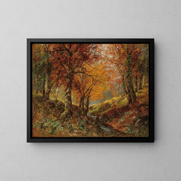 Une clairière forestière en automne - Karl Vikas — kehystetty taideteos seinällä