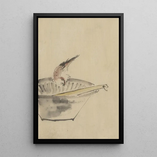 Katsushika Hokusai - A bird perched on the edge of a bowl with head cocked looking at a utensil in the bowl.webp