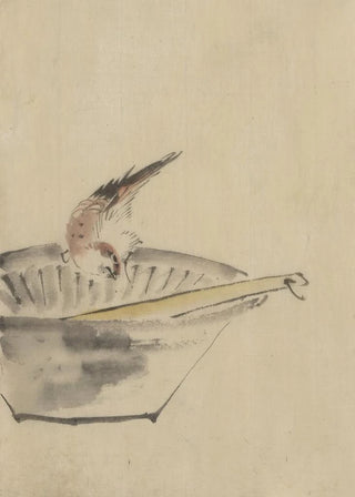 Katsushika Hokusai - A bird perched on the edge of a bowl with head cocked looking at a utensil in the bowl.webp