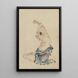 Katsushika Hokusai - A man barechested sitting crosslegged with arms raised over his head stretching or practicing yoga.webp