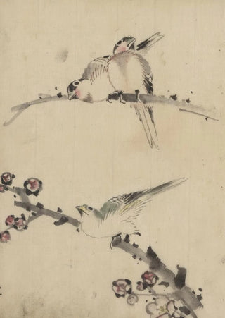 Katsushika Hokusai - Three birds perched on branches one with blossoms.webp